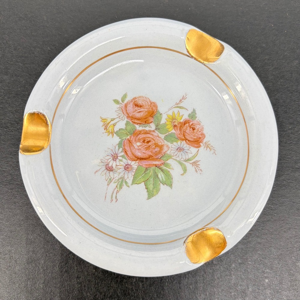 Vintage Ashtray Floral Rose Gold Trim Mid Century Cottagecore 4.5" Feminine Art